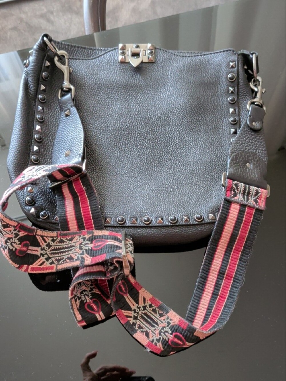 Valentino Garavani Black Stud Accent Crossbody Bag with Detachable Guitar Strap